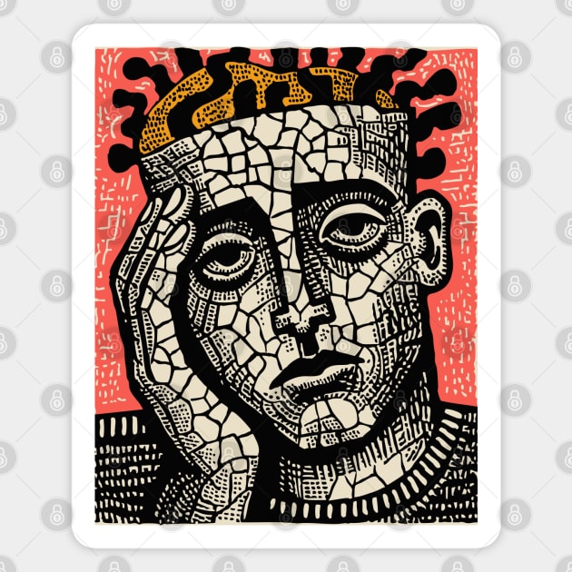 Stone Head – Mental Fatigue and Inner Struggle Linocut Magnet by TuncGK